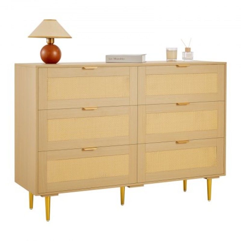 VEVOR 6 Συρταριέρα Rattan Dresser, Διπλό συρταριέρα για Υπνοδωμάτιο, Natural Rattan Συρταριέρα με μεταλλικές λαβές & πόδια, μοντέρνα ξύλινη συρταριέρα ρούχων & αποθήκευση για υπνοδωμάτιο, σαλόνι, διάδρομος