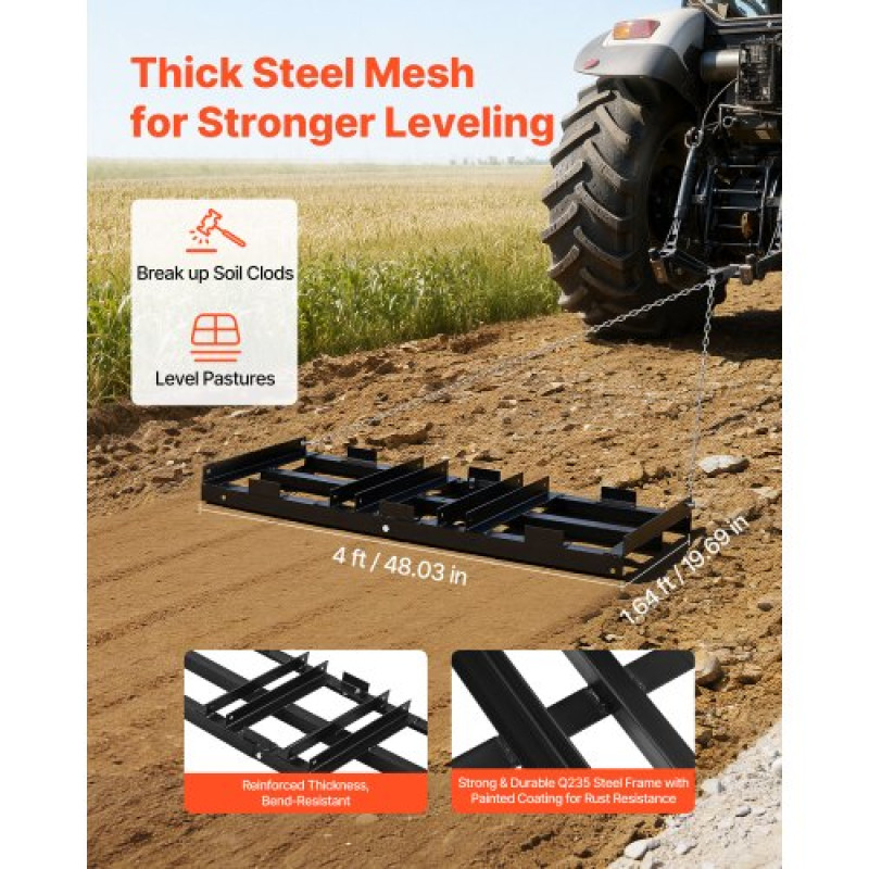 VEVOR Drag Harrow, 122 x 50 cm, Ρυμουλκούμενος γκρέιντερ με ρυθμιζόμενο πλάτος & χωρητικότητα φόρτωσης 50 λίβρες, βαρέως τύπου τσουγκράνα γκαζόν, γαλβανισμένο χαλίκι από χάλυβα Driveway Drag, Ταιριάζει σε ATV UTV Τρακτέρ