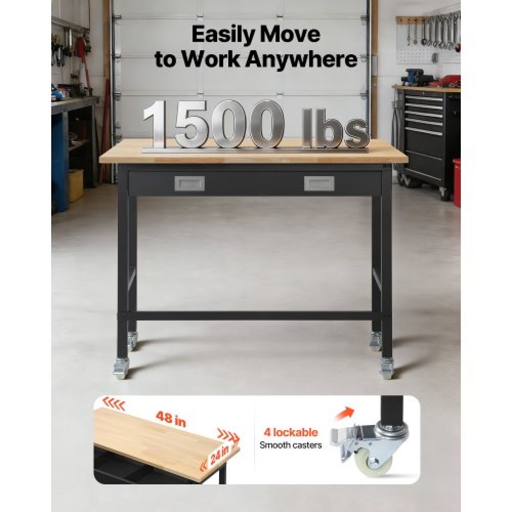 Πάγκος εργασίας VEVOR 1220 mm, χωρητικότητα 680 kg, Πάγκος εργασίας γκαράζ με συρτάρι αποθήκευσης & ρόδες, πάγκος εργαστηρίου σε ρόδες, βαρέως τύπου τραπέζι εργασίας από ξύλο δρυός για γκαράζ, εργαστήριο, γραφείο και σπίτι