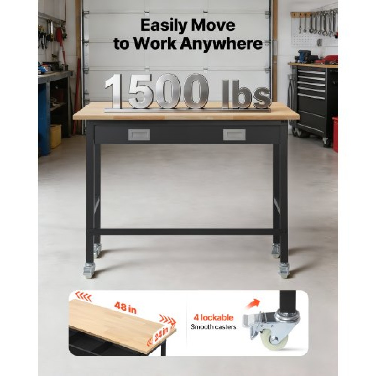 Πάγκος εργασίας VEVOR 1220 mm, χωρητικότητα 680 kg, Πάγκος εργασίας γκαράζ με συρτάρι αποθήκευσης & ρόδες, πάγκος εργαστηρίου σε ρόδες, βαρέως τύπου τραπέζι εργασίας από ξύλο δρυός για γκαράζ, εργαστήριο, γραφείο και σπίτι