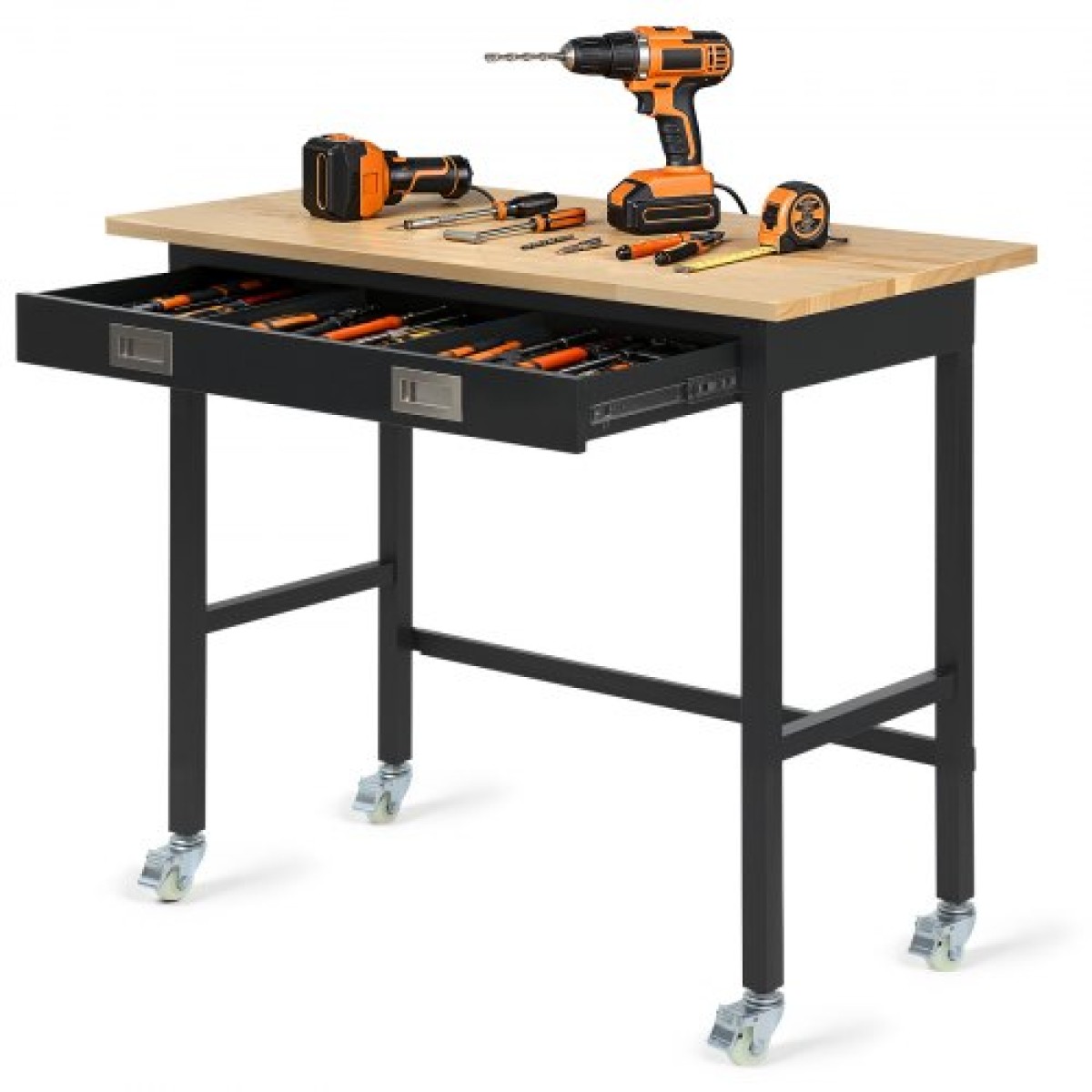 Πάγκος εργασίας VEVOR 1220 mm, χωρητικότητα 680 kg, Πάγκος εργασίας γκαράζ με συρτάρι αποθήκευσης & ρόδες, πάγκος εργαστηρίου σε ρόδες, βαρέως τύπου τραπέζι εργασίας από ξύλο δρυός για γκαράζ, εργαστήριο, γραφείο και σπίτι