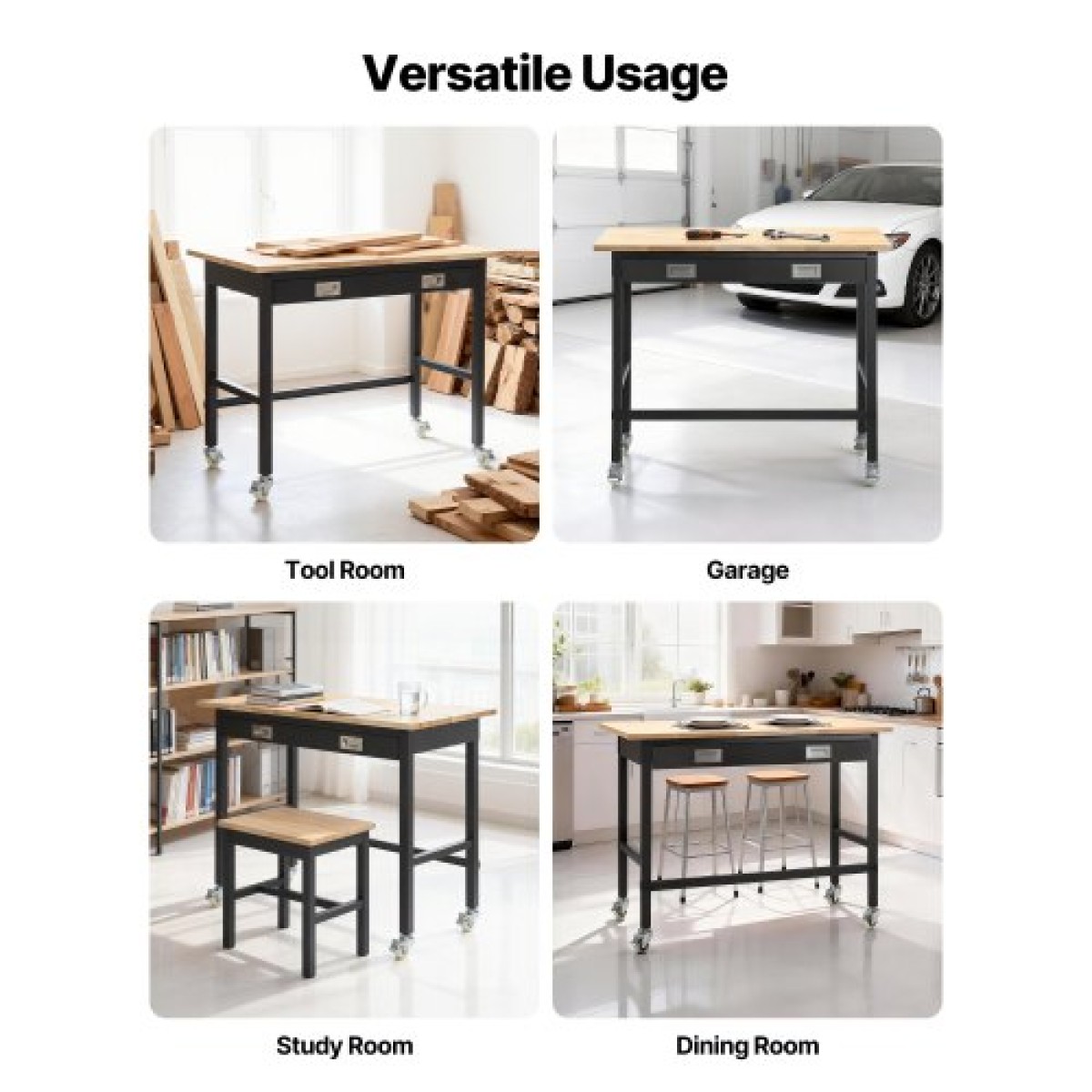 Πάγκος εργασίας VEVOR 1220 mm, χωρητικότητα 680 kg, Πάγκος εργασίας γκαράζ με συρτάρι αποθήκευσης & ρόδες, πάγκος εργαστηρίου σε ρόδες, βαρέως τύπου τραπέζι εργασίας από ξύλο δρυός για γκαράζ, εργαστήριο, γραφείο και σπίτι