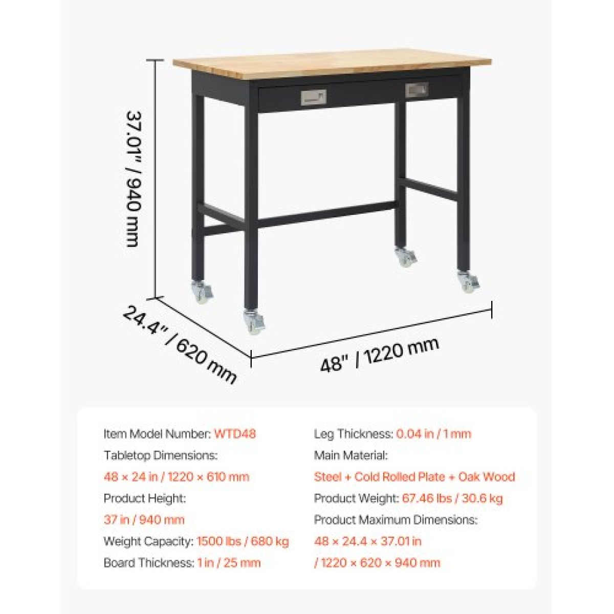 Πάγκος εργασίας VEVOR 1220 mm, χωρητικότητα 680 kg, Πάγκος εργασίας γκαράζ με συρτάρι αποθήκευσης & ρόδες, πάγκος εργαστηρίου σε ρόδες, βαρέως τύπου τραπέζι εργασίας από ξύλο δρυός για γκαράζ, εργαστήριο, γραφείο και σπίτι