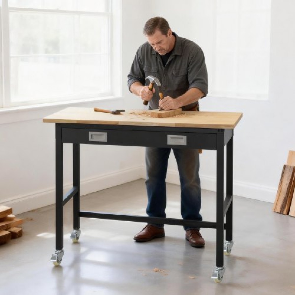 Πάγκος εργασίας VEVOR 1220 mm, χωρητικότητα 680 kg, Πάγκος εργασίας γκαράζ με συρτάρι αποθήκευσης & ρόδες, πάγκος εργαστηρίου σε ρόδες, βαρέως τύπου τραπέζι εργασίας από ξύλο δρυός για γκαράζ, εργαστήριο, γραφείο και σπίτι