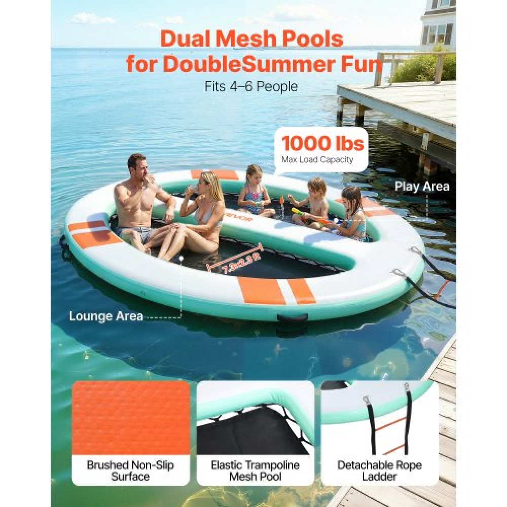 VEVOR Inflatable Floating Dock, 3.05x2.44 M Round Inflatable Dock Platform, Non-Slip Water Air Mat with Portable Carrying Bag & Detachable Ladder, Float Water Platform Island Raft for Pool Beach Ocean