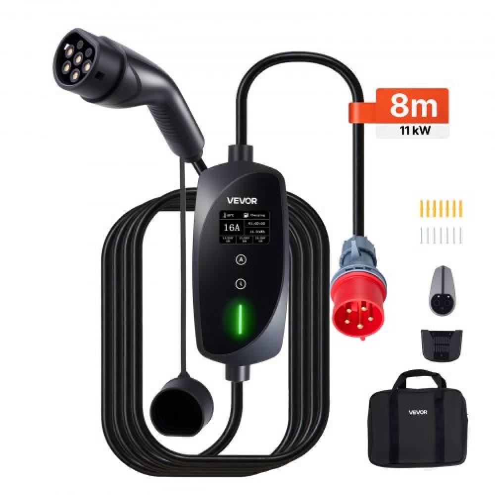 VEVOR Mobile Wallbox, 11 kW 16A, Φορητός φορτιστής EV Τύπου 2, Φορτιστής αυτοκινήτου ηλεκτρικού οχήματος 3 φάσεων με καλώδιο φόρτισης 8 m, βύσμα CEE16, οθόνη LCD, ρυθμιζόμενος σταθμός φόρτισης EV, κιβώτιο ελέγχου IP66