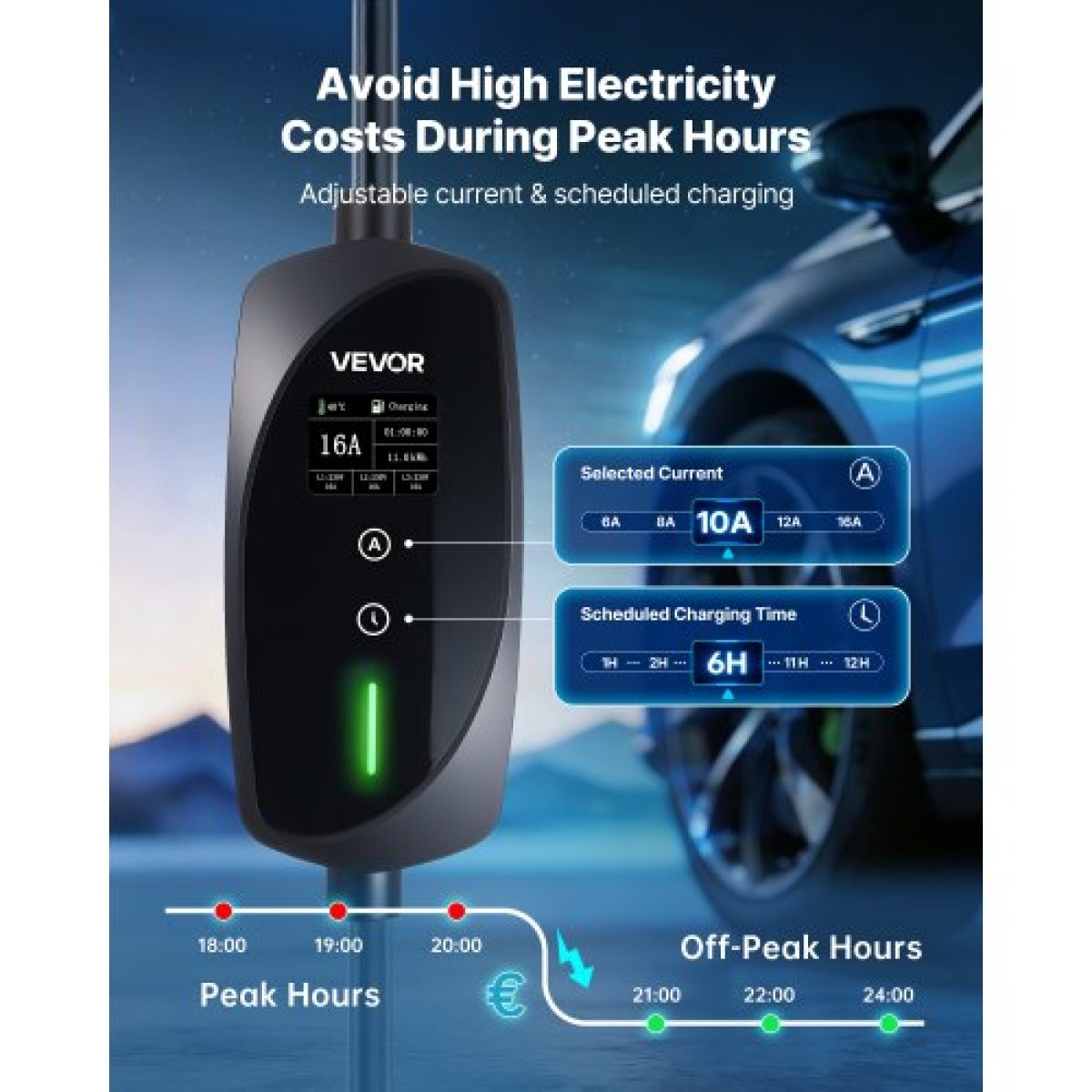 VEVOR Mobile Wallbox, 11 kW 16A, Φορητός φορτιστής EV Τύπου 2, Φορτιστής αυτοκινήτου ηλεκτρικού οχήματος 3 φάσεων με καλώδιο φόρτισης 8 m, βύσμα CEE16, οθόνη LCD, ρυθμιζόμενος σταθμός φόρτισης EV, κιβώτιο ελέγχου IP66