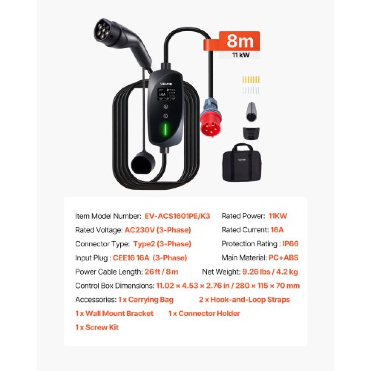 VEVOR Mobile Wallbox, 11 kW 16A, Φορητός φορτιστής EV Τύπου 2, Φορτιστής αυτοκινήτου ηλεκτρικού οχήματος 3 φάσεων με καλώδιο φόρτισης 8 m, βύσμα CEE16, οθόνη LCD, ρυθμιζόμενος σταθμός φόρτισης EV, κιβώτιο ελέγχου IP66