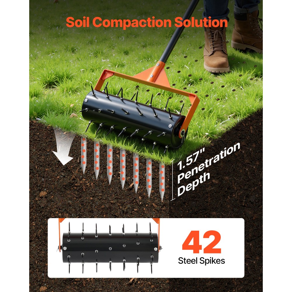 VEVOR Rolling Lawn Aerator, 15 in Manual Push Aerator Roller με 42 Spikes & 60 in Long Handle, Γεμιζόμενο τύμπανο για πρόσθετο βάρος, Heavy Duty Είσοδος Εδάφους Χλοοτάπητα για Συμπυκνωμένα Εδάφη αυλής κήπου