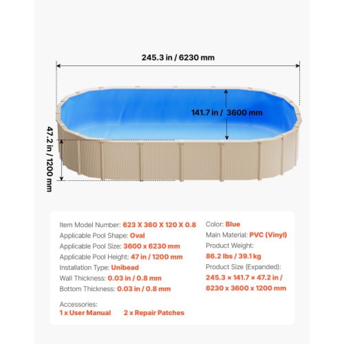 VEVOR Oval Liner Pool, 360 x 623 cm UniBead Επένδυση πισίνας για 120 cm ύψος τοίχου, Premium παχύ βινύλιο, εύκολη εγκατάσταση με στεγανά μπαλώματα, για ατσάλινες όψεις πάνω από το έδαφος, εξωτερικούς χώρους, μπλε