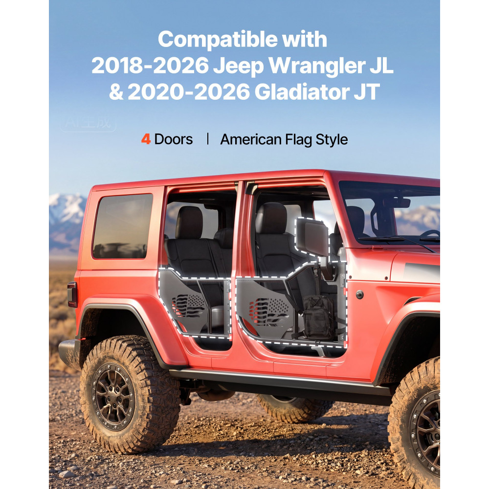 VEVOR Jeep Tube Doors, 4-θυρες, Κατάλληλες για 2018-2026 Jeep Wrangler JL & 2020-2026 Gladiator JT, μοτίβο σημαίας εκτός δρόμου, σωληνωτές μισές πόρτες με πιστοποίηση DOT πλευρικούς καθρέφτες και τσάντα αποθήκευσης