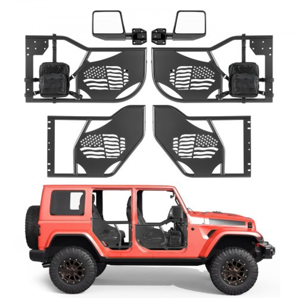 VEVOR Jeep Tube Doors, 4-θυρες, Κατάλληλες για 2018-2026 Jeep Wrangler JL & 2020-2026 Gladiator JT, μοτίβο σημαίας εκτός δρόμου, σωληνωτές μισές πόρτες με πιστοποίηση DOT πλευρικούς καθρέφτες και τσάντα αποθήκευσης