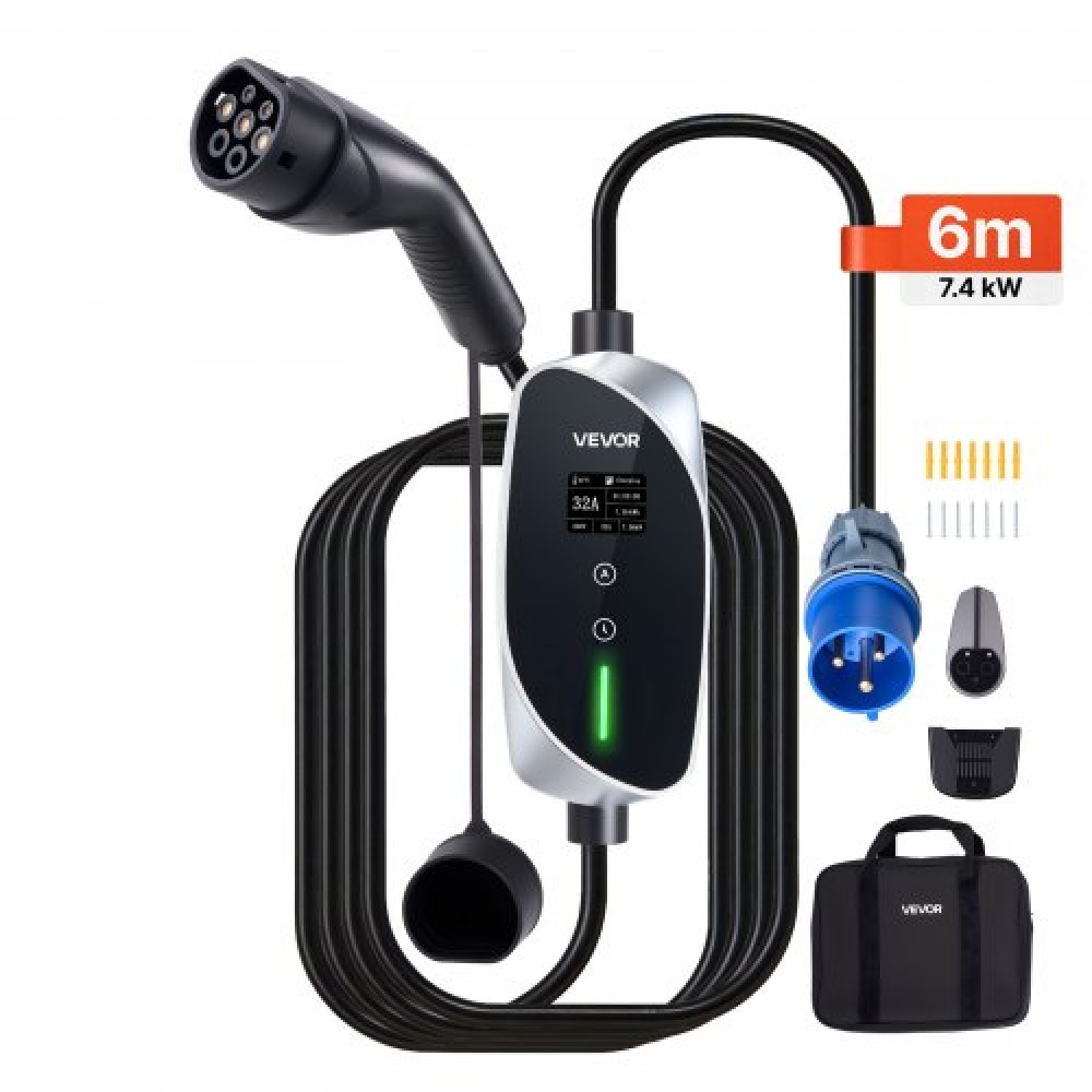 VEVOR Mobile Wallbox, 7,4 kW 32A, Φορητός φορτιστής EV Τύπου 2, Μονοφασικός φορτιστής αυτοκινήτου ηλεκτρικού οχήματος με καλώδιο φόρτισης 6 m, βύσμα CEE, οθόνη LCD, ρυθμιζόμενος σταθμός φόρτισης EV, Κουτί ελέγχου IP66