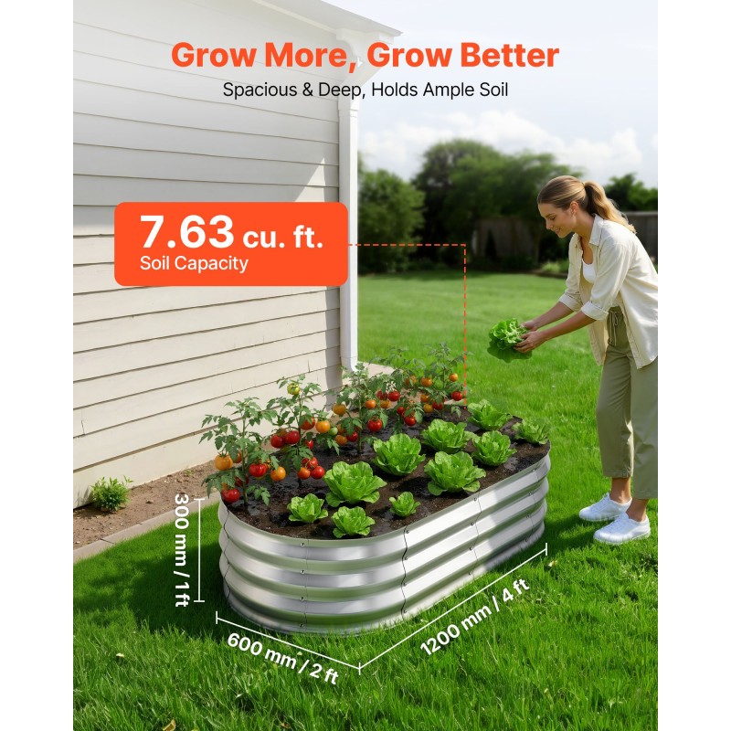 VEVOR 2 Pack Γαλβανισμένα υπερυψωμένα κρεβάτια κήπου, 1200 x 600 x 300 mm, Οβάλ μεταλλικά κουτιά φυτευτήρων εξωτερικού χώρου, υπερυψωμένο κουτί κήπου χωρίς πάτο με γάντια, αλουμίνιο ψευδάργυρο, για φύτευση λουλουδιών λαχανικών, ασήμι