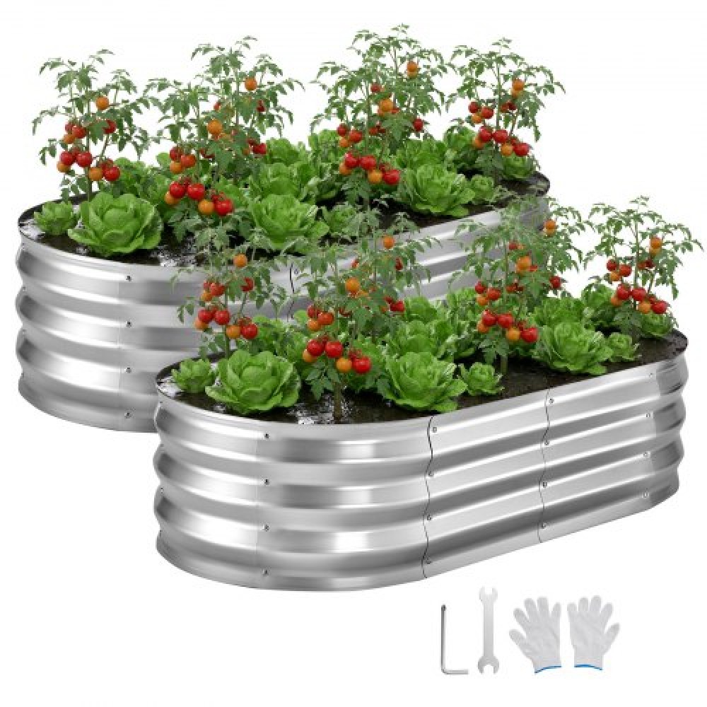 VEVOR 2 Pack Γαλβανισμένα υπερυψωμένα κρεβάτια κήπου, 1200 x 600 x 300 mm, Οβάλ μεταλλικά κουτιά φυτευτήρων εξωτερικού χώρου, υπερυψωμένο κουτί κήπου χωρίς πάτο με γάντια, αλουμίνιο ψευδάργυρο, για φύτευση λουλουδιών λαχανικών, ασήμι