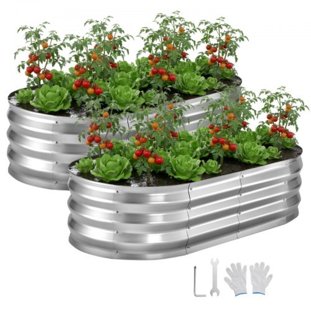 VEVOR 2 Pack Γαλβανισμένα υπερυψωμένα κρεβάτια κήπου, 1200 x 600 x 300 mm, Οβάλ μεταλλικά κουτιά φυτευτήρων εξωτερικού χώρου, υπερυψωμένο κουτί κήπου χωρίς πάτο με γάντια, αλουμίνιο ψευδάργυρο, για φύτευση λουλουδιών λαχανικών, ασήμι