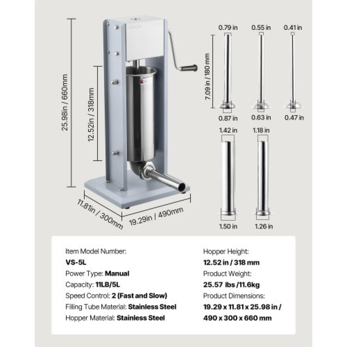 VEVOR Manual Sausage Stuffer, 11 LBS / 5 L Vertical Meat Stuffer, Heavy Duty Case Sausage Meat Stuffing Machine, Γεμιστικό από ανοξείδωτο χάλυβα διπλής ταχύτητας με 5 σωλήνες πλήρωσης, για εμπορική και οικιακή χρήση