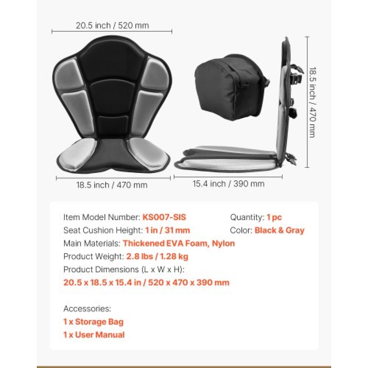Κάθισμα VEVOR Kayak, 1 πακέτο πάχους 31 χλστ., Universal Paddle Board Seat με υποστήριξη πλάτης, Sit-on-Top μαλακό μαξιλάρι με επένδυση με τσάντα αποθήκευσης & ρυθμιζόμενους ιμάντες για SUP, ψάρεμα/φουσκωτό καγιάκ, Rowboat