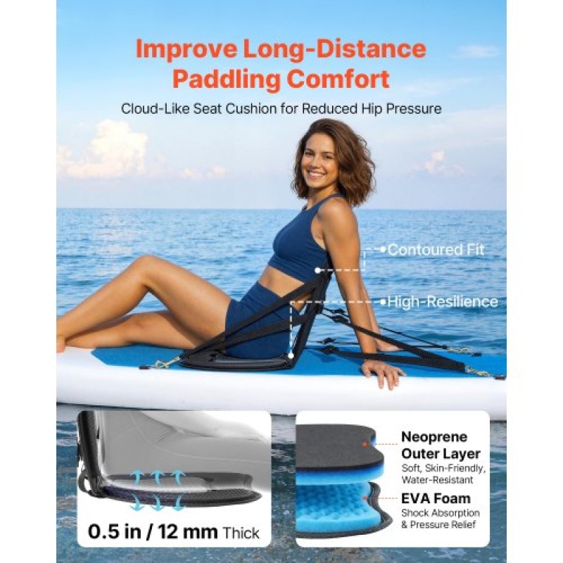 Κάθισμα VEVOR Kayak, 1 πακέτο πάχους 12 χιλ., Universal Paddle Board με στήριγμα πλάτης, μαλακό μαξιλάρι με επένδυση με τσάντα αποθήκευσης & ρυθμιζόμενους ιμάντες για SUP, κανό, ψαρόβαρκα, φουσκωτό καγιάκ