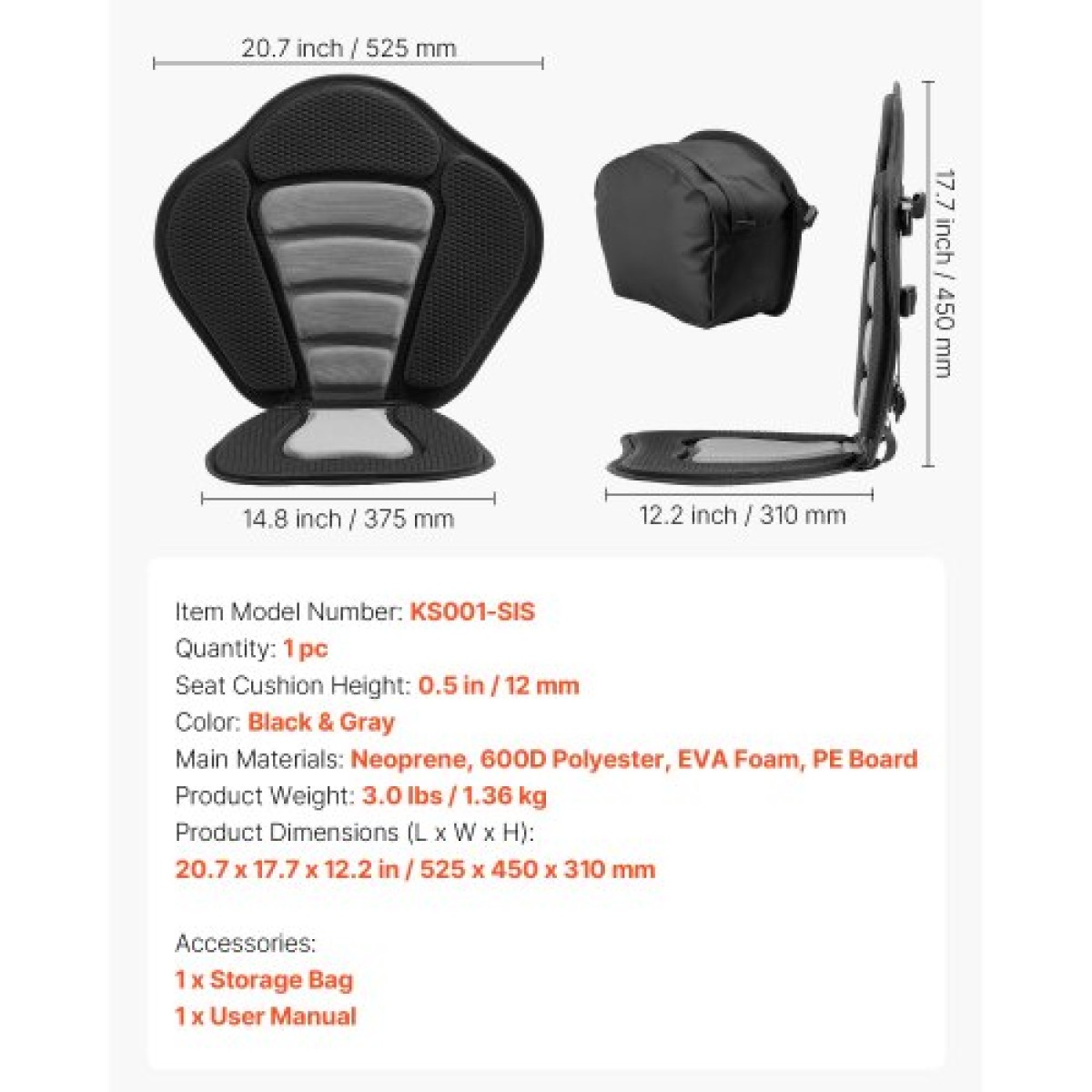 Κάθισμα VEVOR Kayak, 1 πακέτο πάχους 12 χιλ., Universal Paddle Board με στήριγμα πλάτης, μαλακό μαξιλάρι με επένδυση με τσάντα αποθήκευσης & ρυθμιζόμενους ιμάντες για SUP, κανό, ψαρόβαρκα, φουσκωτό καγιάκ