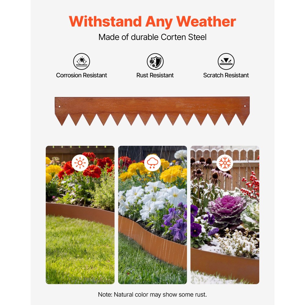 VEVOR Corten Steel Landscape Border, 6-Pack 1016 x 152 mm Metal Horse for Landscape with 8 Connecting Plas, Endable Metal Garden Edge Border for Flower Bridge, Yard Pathway, Rust