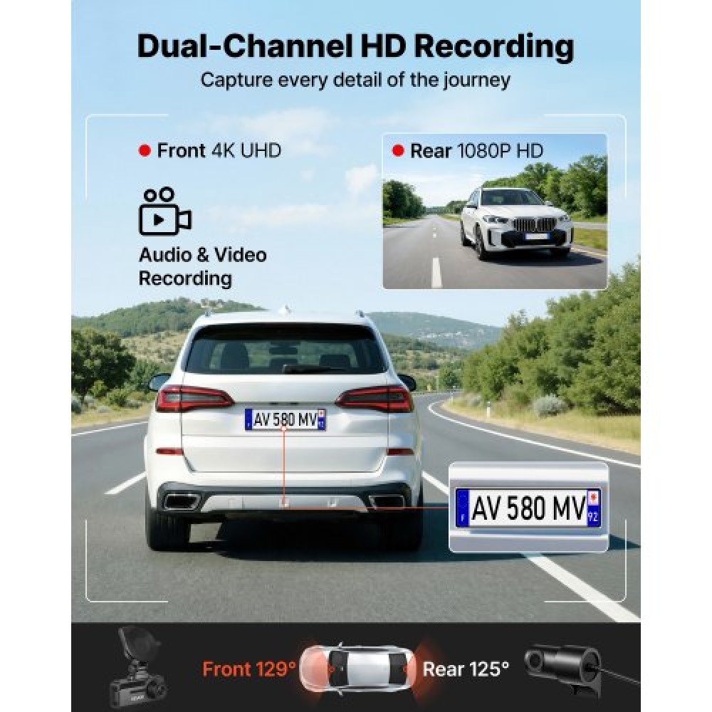 VEVOR Dash Cam εμπρός και πίσω, 4K+1080P, Περιλαμβάνεται κάρτα 64 GB, Dual Channel Dash Camera για αυτοκίνητα με ενσωματωμένο GPS, αισθητήρα G, εμπρός 129° & πίσω 125°, οθόνη αφής 80,8 mm, εγγραφή βρόχου, λειτουργία στάθμευσης