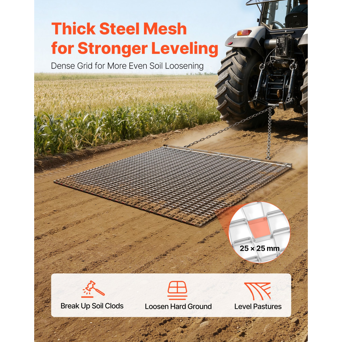 VEVOR Drag Harrow, 1,2x1,2 m , Τσαγκάνα σβάρνας με αλυσίδα υψηλής απόδοσης, ATVs UTVs Tractors Attachments, ανθεκτικό γαλβανισμένο χαλύβδινο πλέγμα έλξης με αλυσίδα ρυμούλκησης, για ισοπέδωση αγροτεμαχίου από χαλίκι Driveway Ruts