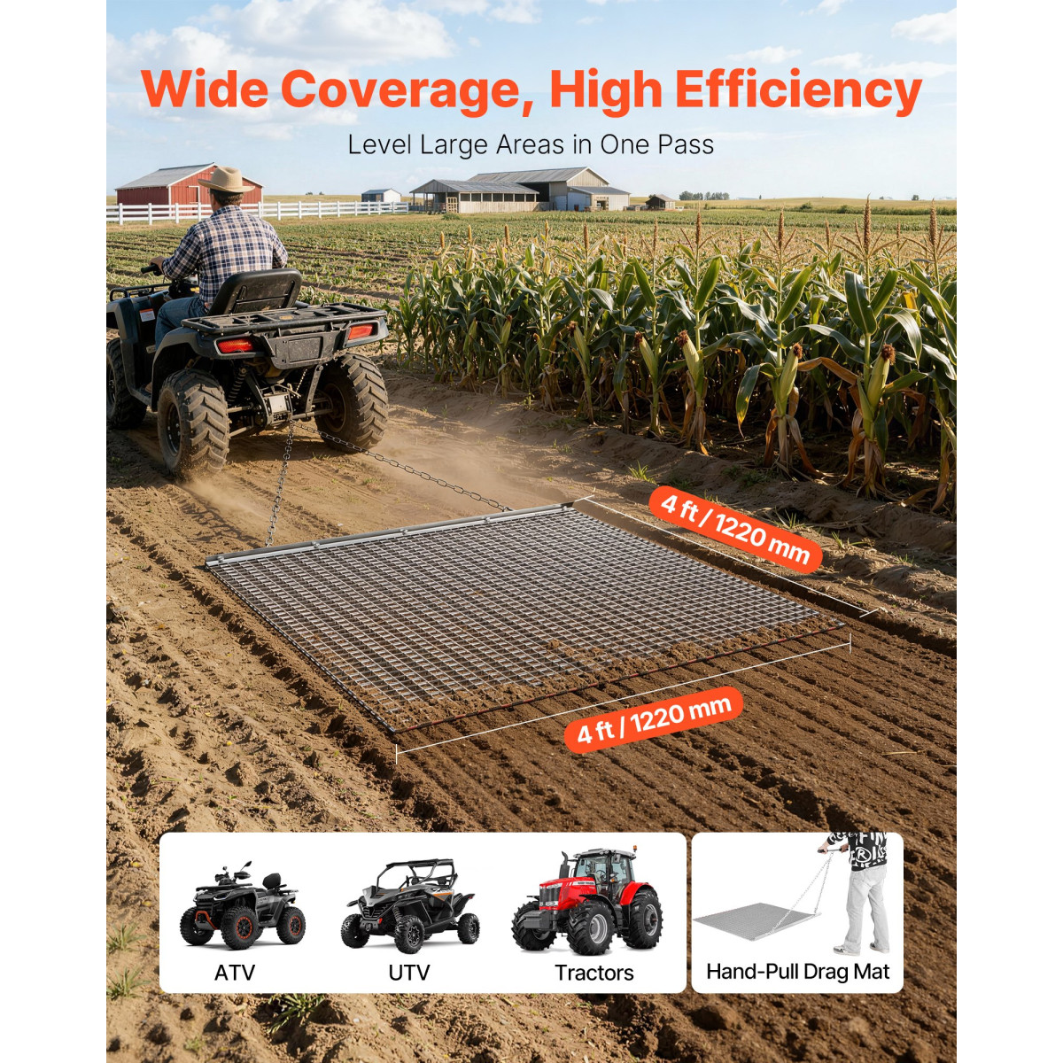 VEVOR Drag Harrow, 1,2x1,2 m , Τσαγκάνα σβάρνας με αλυσίδα υψηλής απόδοσης, ATVs UTVs Tractors Attachments, ανθεκτικό γαλβανισμένο χαλύβδινο πλέγμα έλξης με αλυσίδα ρυμούλκησης, για ισοπέδωση αγροτεμαχίου από χαλίκι Driveway Ruts