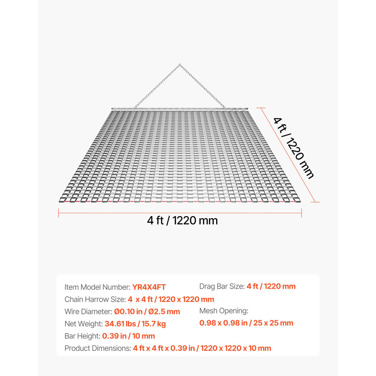 VEVOR Drag Harrow, 1,2x1,2 m , Τσαγκάνα σβάρνας με αλυσίδα υψηλής απόδοσης, ATVs UTVs Tractors Attachments, ανθεκτικό γαλβανισμένο χαλύβδινο πλέγμα έλξης με αλυσίδα ρυμούλκησης, για ισοπέδωση αγροτεμαχίου από χαλίκι Driveway Ruts
