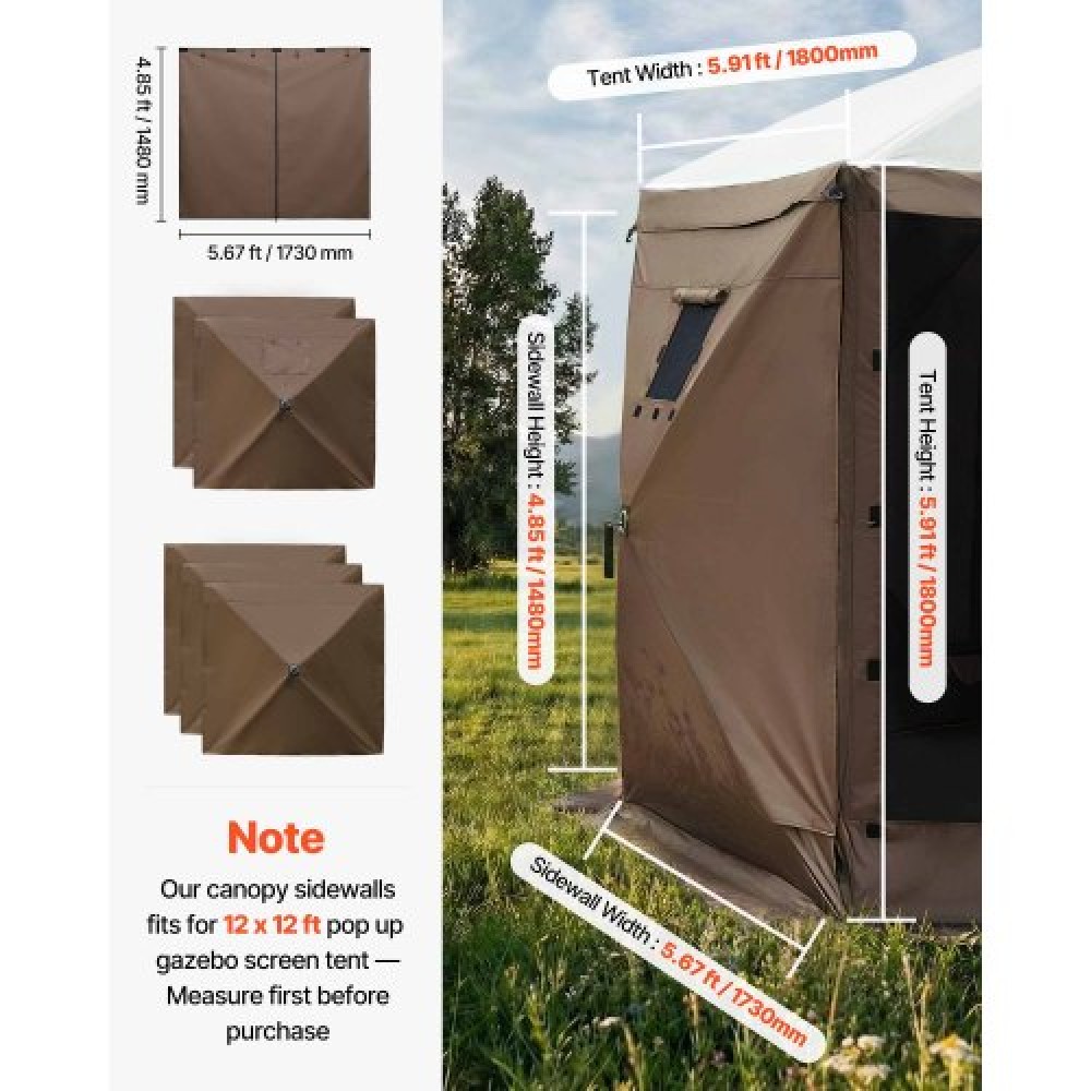VEVOR Canopy Sidewalls, 1.73 x 1.48 m, Canopy Tent Walls with Waterproof and Sunlight Protection, 1 Zippered Door & 2 Windows Design for Outdoor Event Tents, Vendor Booths (6 Sidewalls Only, Brown)