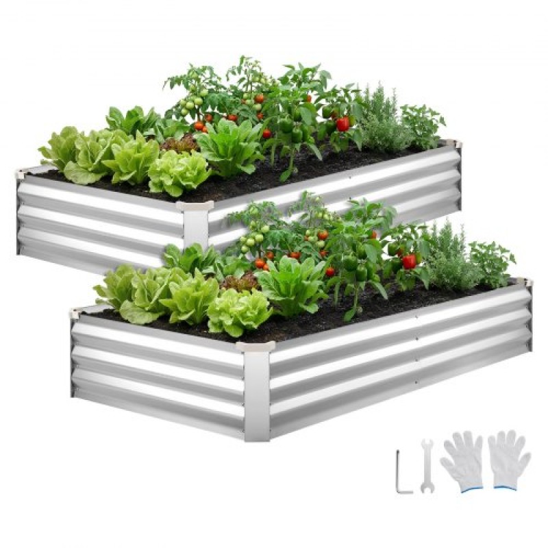 VEVOR 2 Pack Γαλβανισμένα υπερυψωμένα κρεβάτια κήπου, 180 x 90 x 30 cm, Ορθογώνια μεταλλικά κουτιά φυτευτήρων κιτ εξωτερικού χώρου, υπερυψωμένο κουτί φύτευσης χωρίς πάτο με γάντια, αλουμίνιο ψευδάργυρο, για καλλιέργεια λουλουδιών, λαχανικά, ασήμι