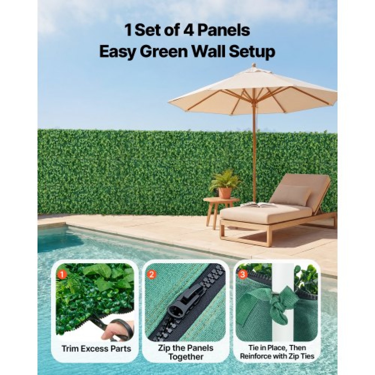 VEVOR Τεχνητό Τοίχωμα φυτών, 4 ΤΕΜ. 61 x 243,8 cm Τεχνητά πλαίσια από πυξάρι, αντηλιακή προστασία σκηνικού πράσινου φράχτη, ψεύτικη οθόνη από γρασίδι για γάμο, εσωτερικός, εξωτερικός κήπος, πίσω αυλή