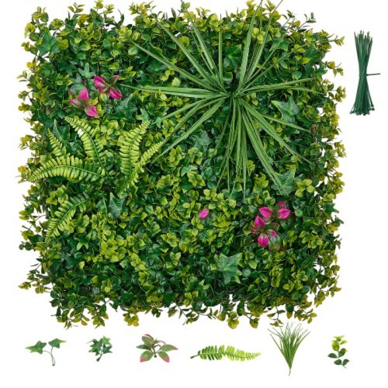 VEVOR Τεχνητός τοίχος φυτών, 12 ΤΕΜ 50,8 x 50,8 cm Τεχνητά πλαίσια από πυξάρι, αντηλιακή προστασία σκηνικού πράσινου φράχτη, ψεύτικη οθόνη τοίχου από γρασίδι για γάμο, εσωτερικό, εξωτερικό κήπο, πίσω αυλή