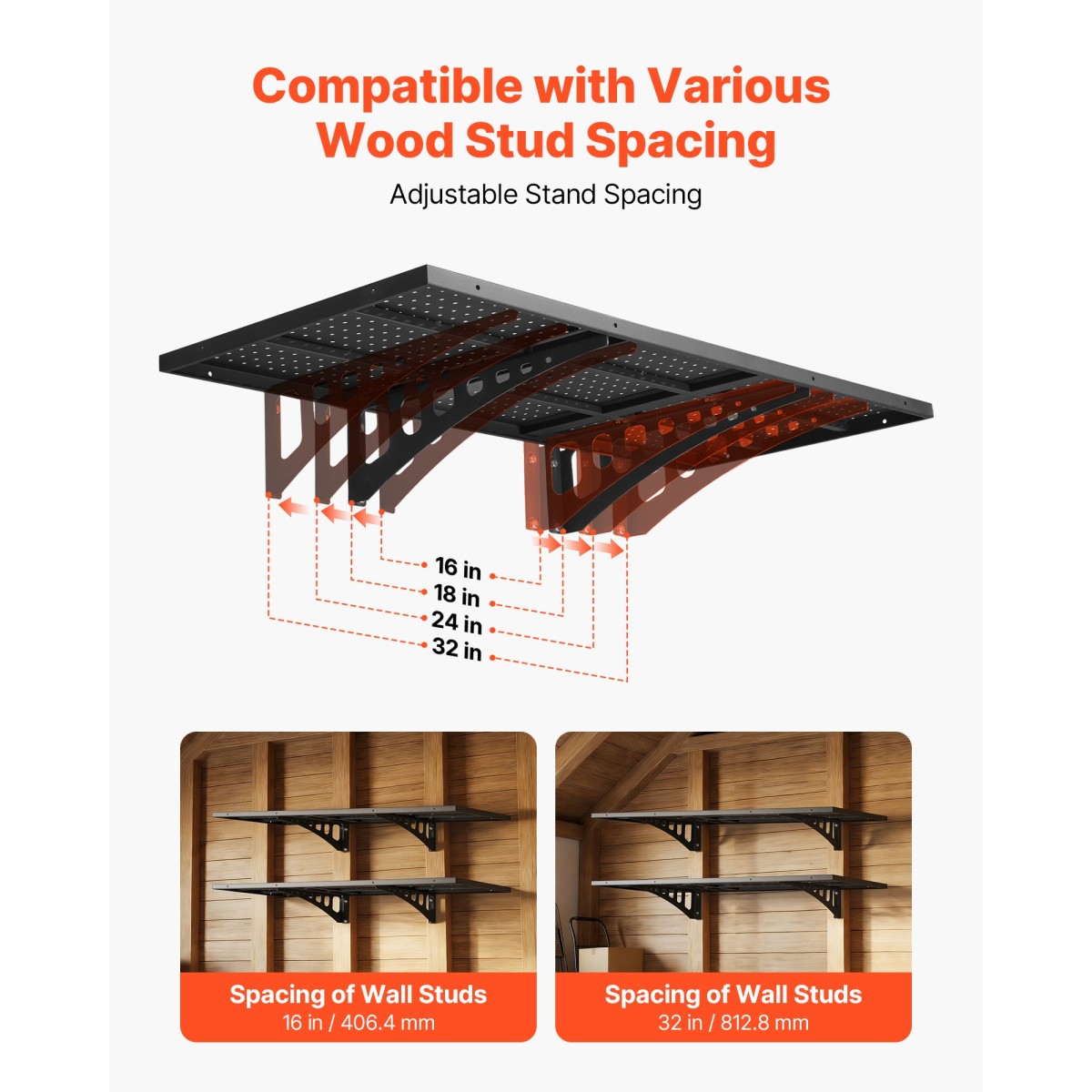 Ράφια τοίχου βαρέως τύπου VEVOR 2-Tier, 50 x 122 cm, επιτοίχια ράφια από χάλυβα, 500 x 1219 mm ανά ράφι Πλωτή μεταλλική σχάρα αποθήκευσης για γκαράζ με συνολική χωρητικότητα 254 kg, μαύρο
