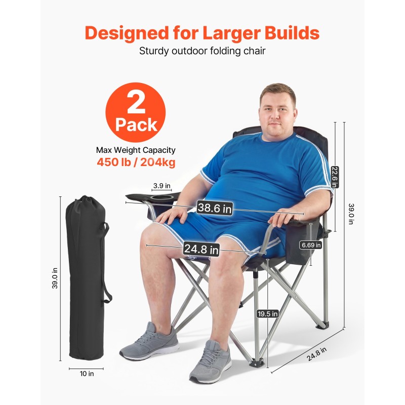 Καρέκλες κάμπινγκ VEVOR Oversized, 204 κιλά Υποστήριξη βαρέως τύπου, Φορητές πτυσσόμενες καρέκλες κατασκήνωσης με πλάτη και μπράτσα με επένδυση, ποτηροθήκη & πλαϊνή τσέπη, τσάντα ψυγείου, τσάντες μεταφοράς για εξωτερικούς χώρους, ψάρεμα, 2 συσκευασίες