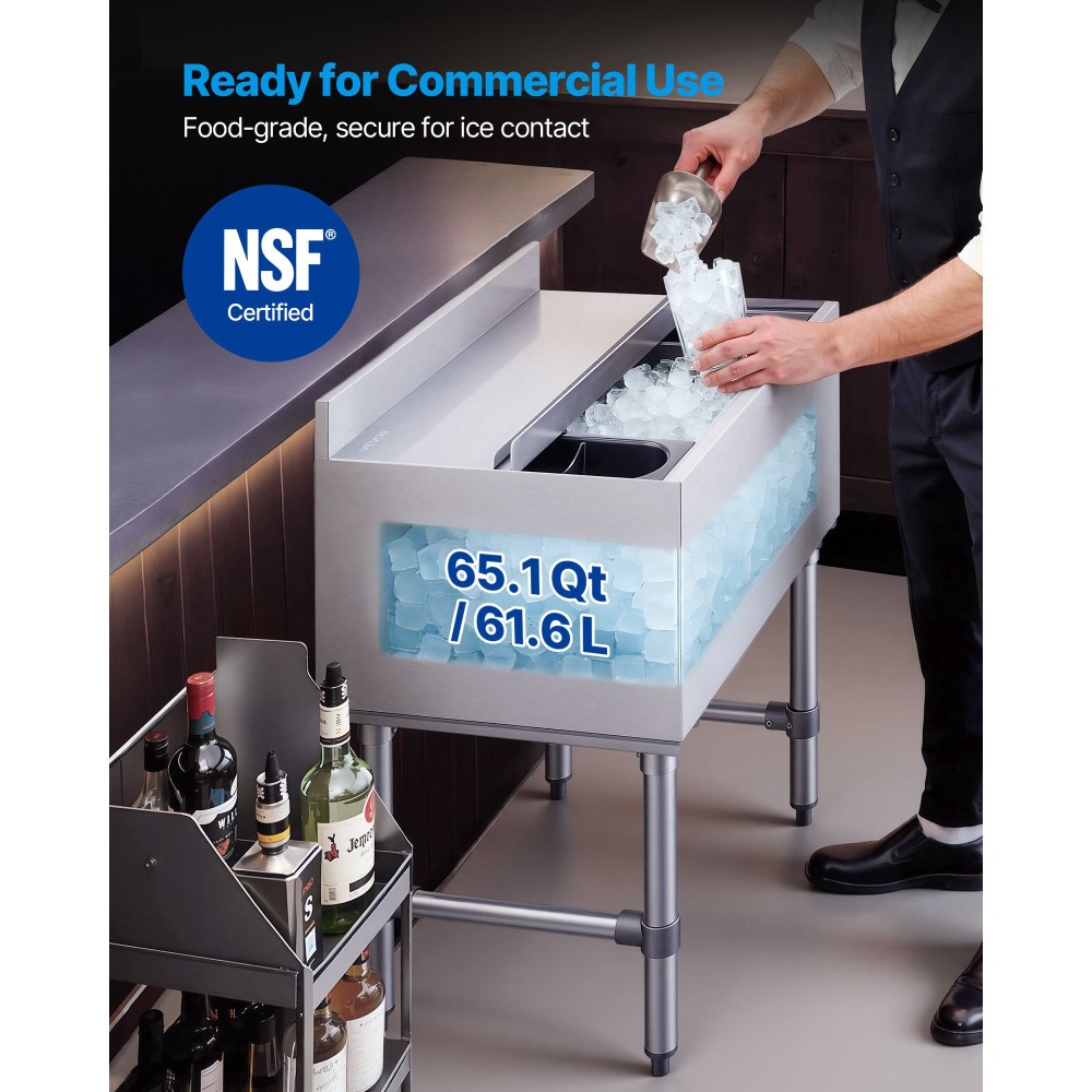VEVOR Commercial Ice Bin, 61,6 L Max Capacity, 610 x 482 x 850 mm Ανοξείδωτο στήθος πάγου με συρόμενο καπάκι και θήκες για μπουκάλια, Cooler Cart Cocktail Unit for Bar Restaurant Pub, Πιστοποίηση NSF