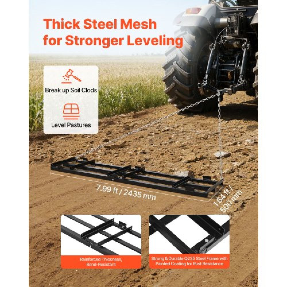 VEVOR Drag Harrow, 243x50 cm, Tow-Behind Driveway Grader with Adjustable Width & 50lbs Load Capacity, Heavy Duty Lawn Leveling Rake, Galvanized Steel Gravel Driveway Drag, Fits ATVs UTVs Tractors