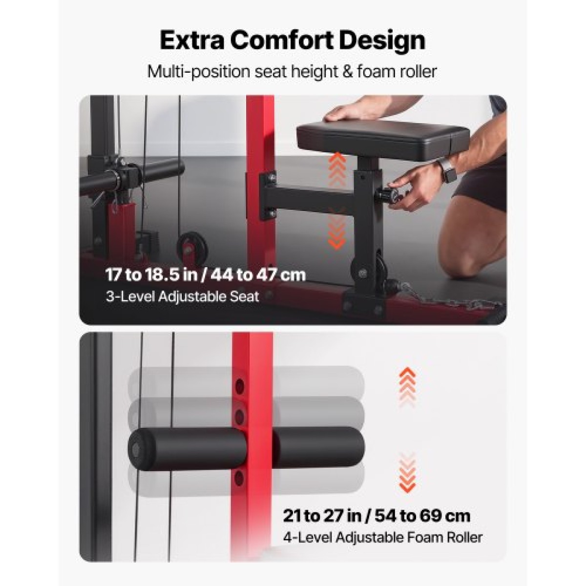 Μηχάνημα Pull Down VEVOR LAT, Μηχάνημα καλωδίων 2 σε 1 σειρών, Γυμναστήριο για το σπίτι με Cable Machines με ρυθμιζόμενο κάθισμα 3 επιπέδων, ρυθμιζόμενο κύλινδρο αφρού 4 επιπέδων, φορτίο 227 kg Lat Tower για πλάτη, στήθος, τρικέφαλο, μαύρο κόκκινο