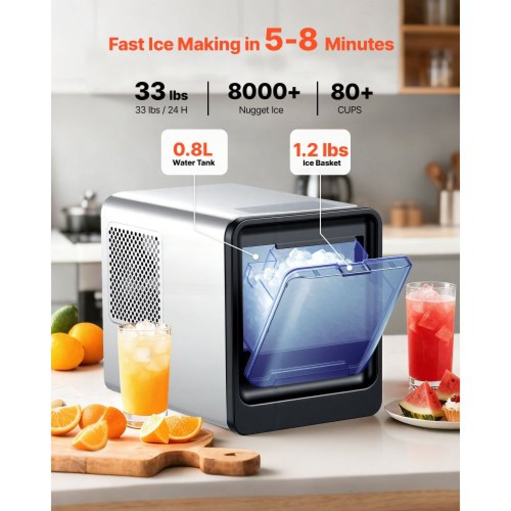 VEVOR Countertop Ice Maker, 15 kg per Day, Self-Cleaning Portable Machine with Scoop, Drawer-Style Ice Access, Nugget Ice-Making Machine with Chewable Ices for Home, Kitchen, Office, Bar & Party