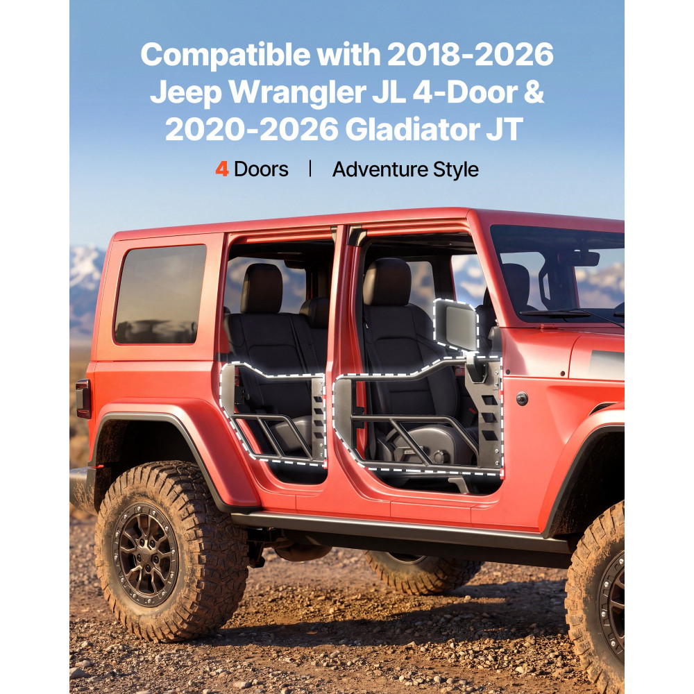 VEVOR Jeep Tube Doors, 4 Door, Συμβατές με 2018-2026 Jeep Wrangler JL & 2020-2026 Gladiator JT, Steel Off Road Tubular Half Doors με πιστοποίηση DOT πλευρικής όψης και λαστιχένια μαξιλαράκια