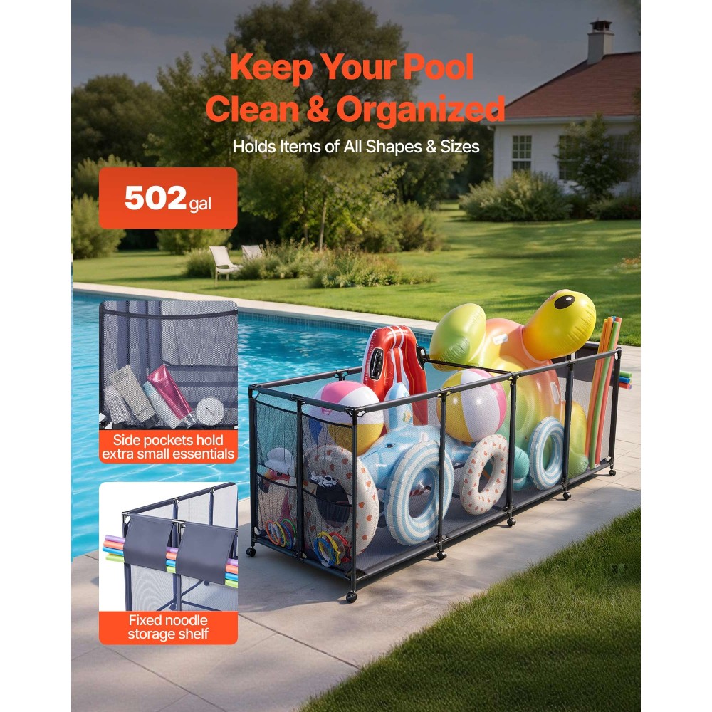 Κάδος αποθήκευσης πισίνας VEVOR, 262 x 81,5 x 89 cm, Rolling Pool Float Storage Organizer με πλαϊνές τσέπες & θήκη για noodles, ανθεκτικό μεταλλικό πλαίσιο, αναπνέον διχτυωτό καλάθι δίπλα στην πισίνα για πισίνες