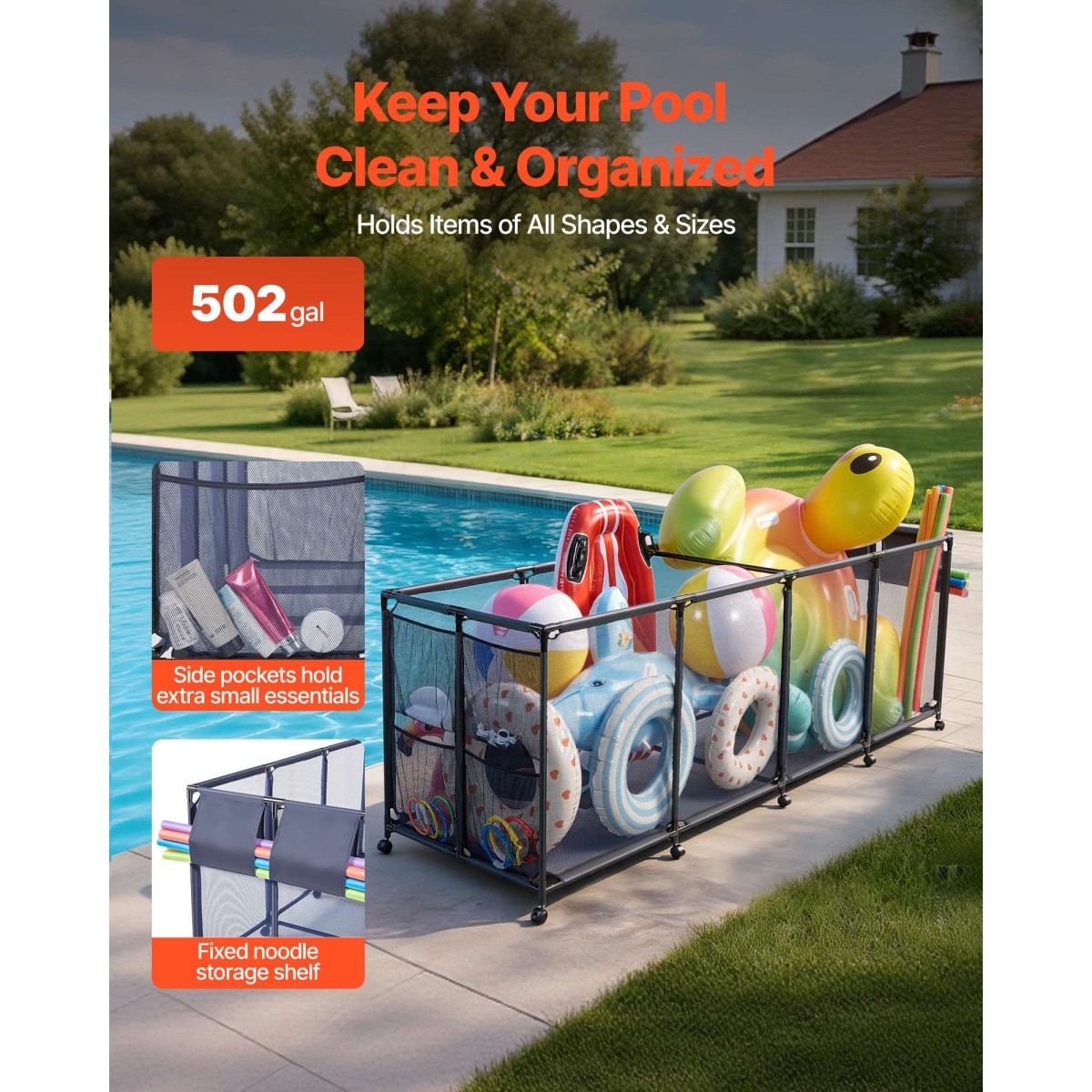 Κάδος αποθήκευσης πισίνας VEVOR, 262 x 81,5 x 89 cm, Rolling Pool Float Storage Organizer με πλαϊνές τσέπες & θήκη για noodles, ανθεκτικό μεταλλικό πλαίσιο, αναπνέον διχτυωτό καλάθι δίπλα στην πισίνα για πισίνες