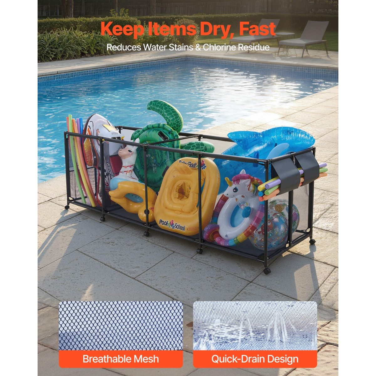 Κάδος αποθήκευσης πισίνας VEVOR, 262 x 81,5 x 89 cm, Rolling Pool Float Storage Organizer με πλαϊνές τσέπες & θήκη για noodles, ανθεκτικό μεταλλικό πλαίσιο, αναπνέον διχτυωτό καλάθι δίπλα στην πισίνα για πισίνες