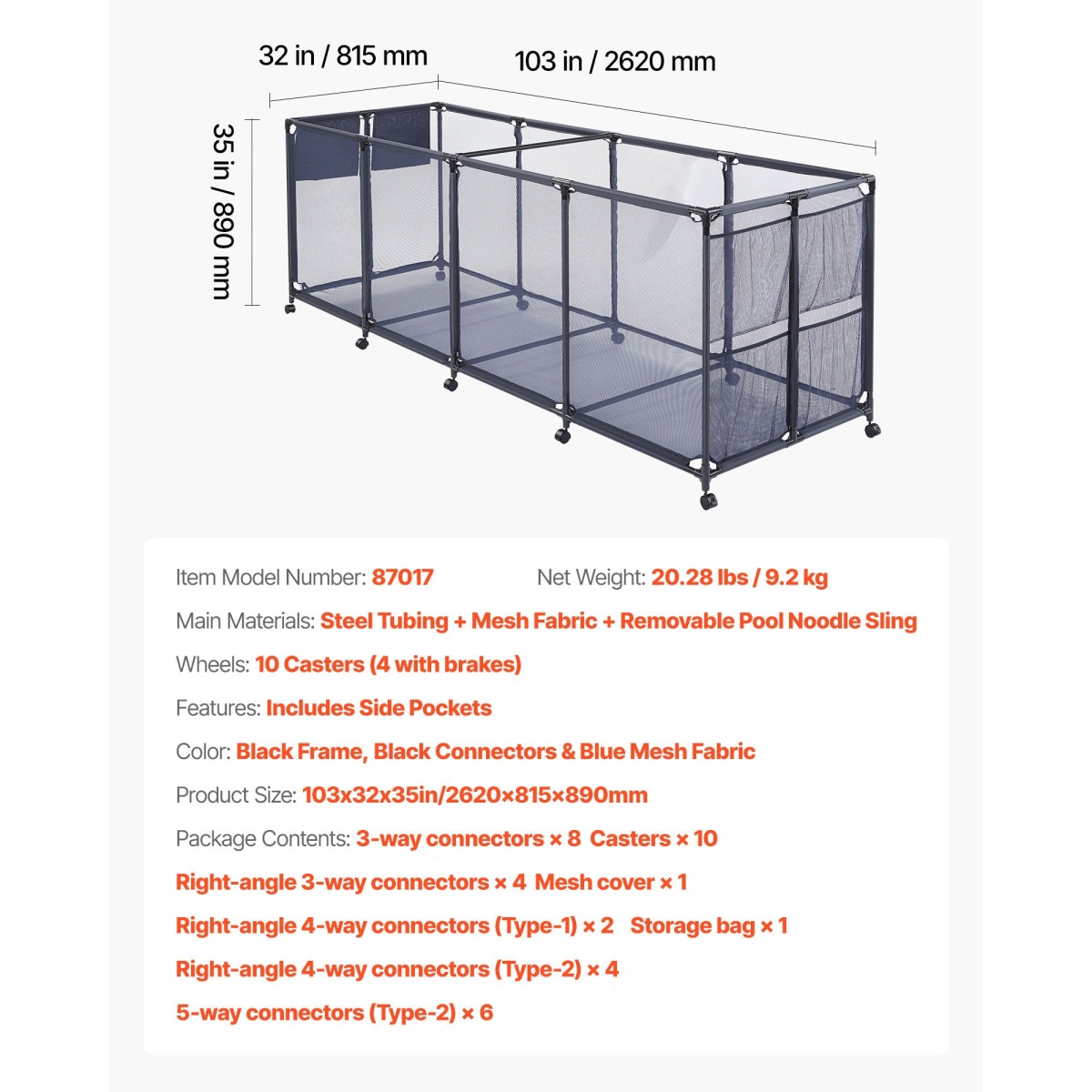 Κάδος αποθήκευσης πισίνας VEVOR, 262 x 81,5 x 89 cm, Rolling Pool Float Storage Organizer με πλαϊνές τσέπες & θήκη για noodles, ανθεκτικό μεταλλικό πλαίσιο, αναπνέον διχτυωτό καλάθι δίπλα στην πισίνα για πισίνες