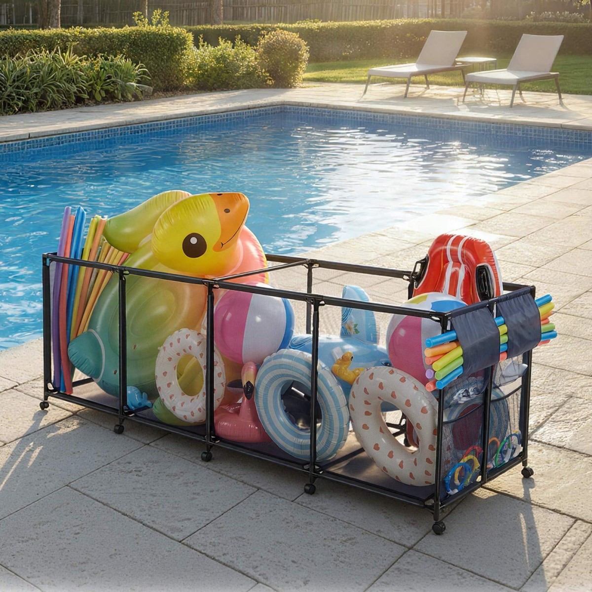 Κάδος αποθήκευσης πισίνας VEVOR, 262 x 81,5 x 89 cm, Rolling Pool Float Storage Organizer με πλαϊνές τσέπες & θήκη για noodles, ανθεκτικό μεταλλικό πλαίσιο, αναπνέον διχτυωτό καλάθι δίπλα στην πισίνα για πισίνες