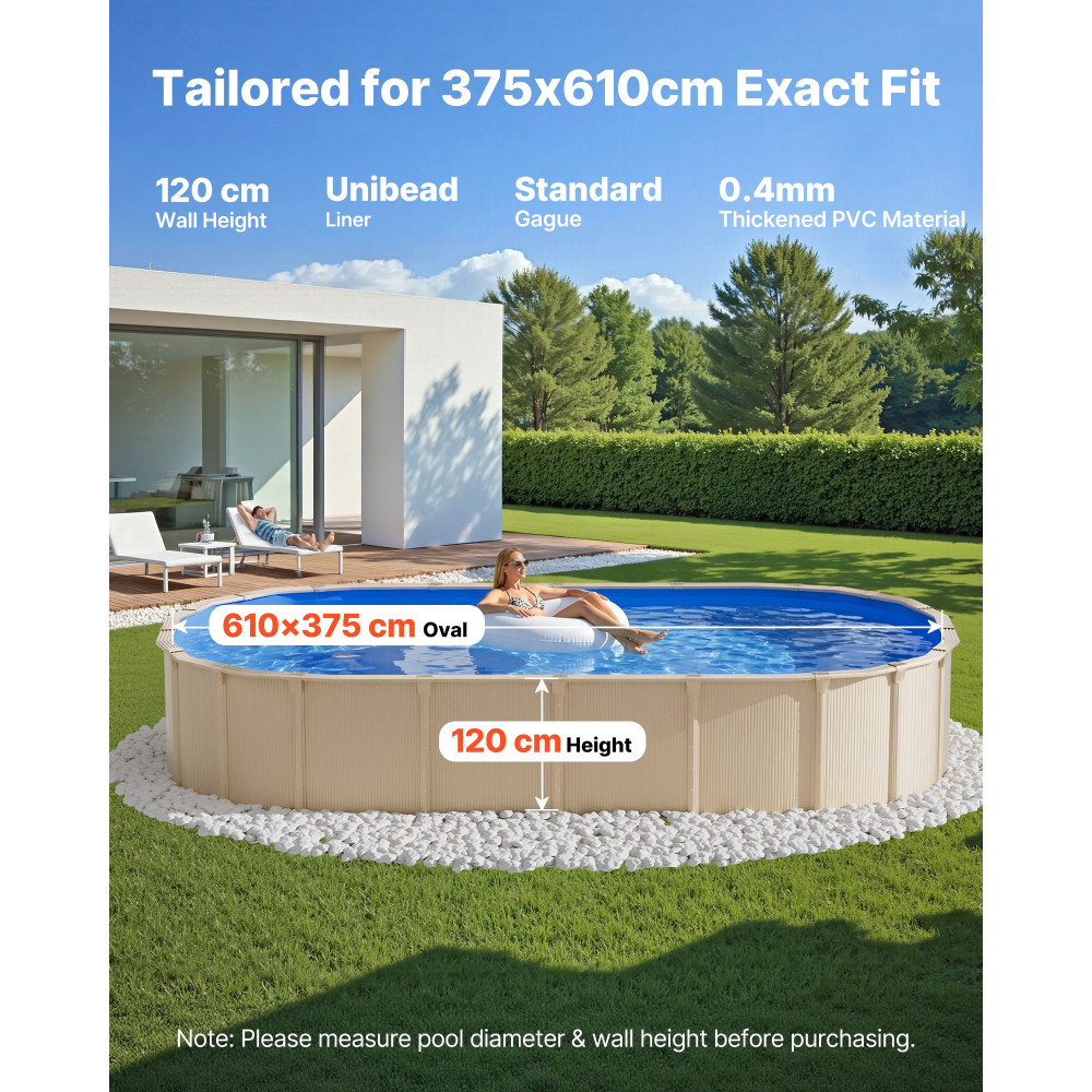 VEVOR Oval Liner Pool, 375 x 610 cm UniBead Επένδυση πισίνας για 120 cm ύψος τοίχου, Premium βινύλιο, Εύκολη εγκατάσταση με στεγανά μπαλώματα, Σχεδιασμένο για ατσάλινες όψεις πάνω από το έδαφος, εξωτερικούς χώρους, μπλε