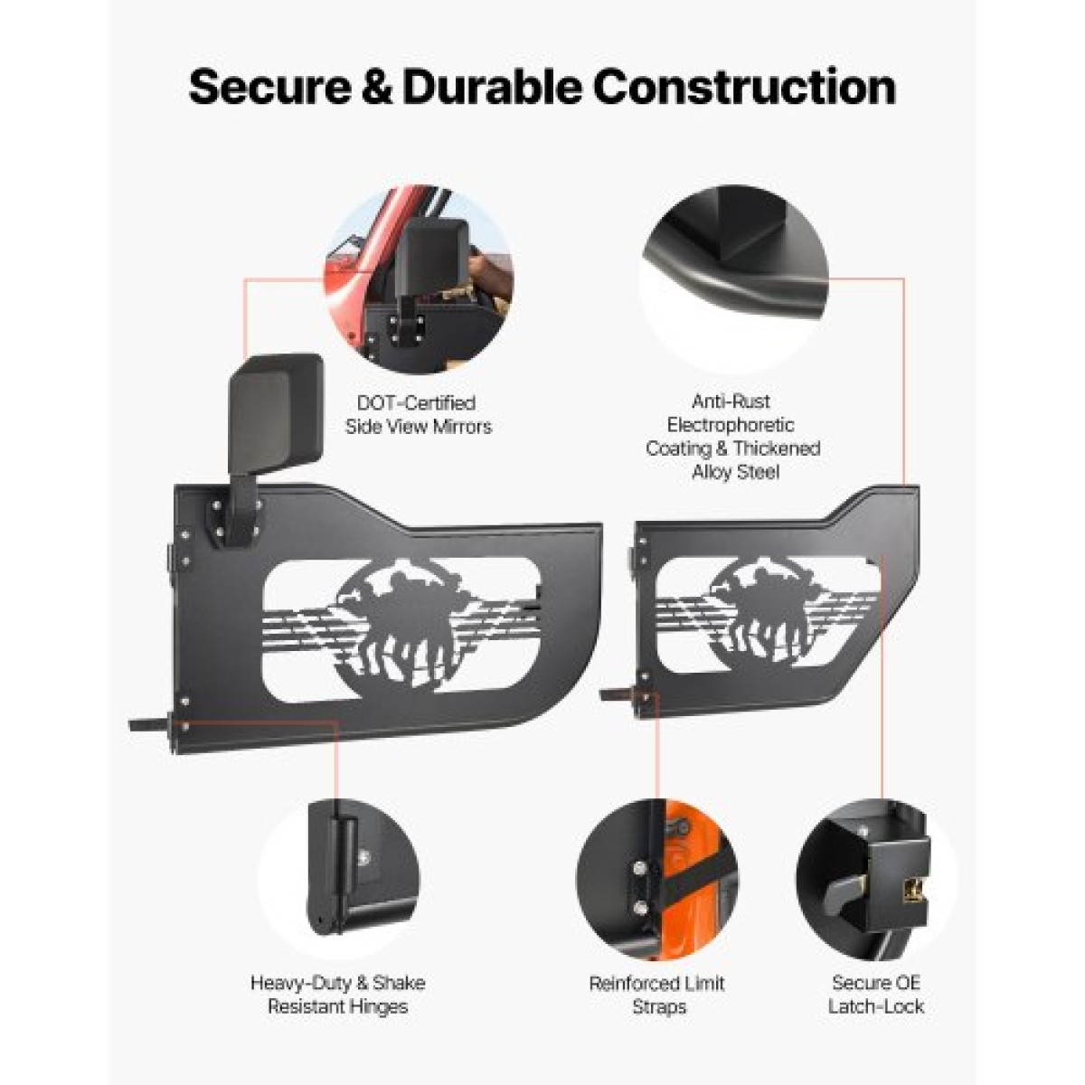 VEVOR Jeep Tube Doors, 4 Door, Κατάλληλες για 2018-2026 Jeep Wrangler JL & 2020-2026 Gladiator JT, Soldier Pattern Off Road Σωληνωτές μισές πόρτες με πιστοποίηση DOT πλευρικής όψης και λαστιχένια μαξιλαράκια
