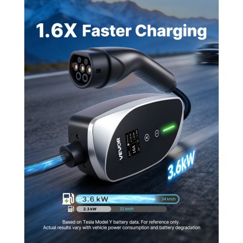 VEVOR Mobile Wallbox, 3.6 kW 16A, Type 2 Portable EV Charger, Single Phase Electric Vehicle Car Charger with 6 m Charging Cable, Schuko16A Plug, LCD, Adjustable EV Charging Station, IP66 Control Box