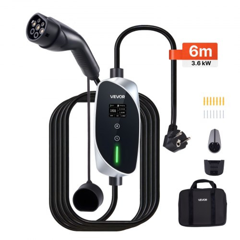 VEVOR Mobile Wallbox, 3.6 kW 16A, Type 2 Portable EV Charger, Single Phase Electric Vehicle Car Charger with 6 m Charging Cable, Schuko16A Plug, LCD, Adjustable EV Charging Station, IP66 Control Box