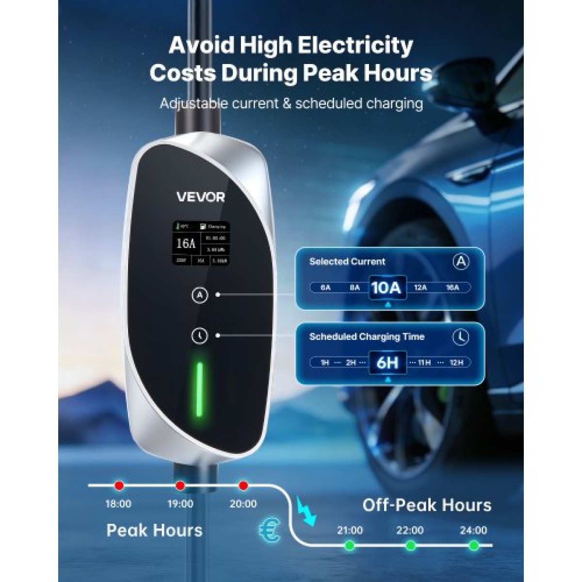 VEVOR Mobile Wallbox, 3,6 kW 16A, Φορητός φορτιστής EV τύπου 2, Μονοφασικός φορτιστής αυτοκινήτου ηλεκτρικού οχήματος με καλώδιο φόρτισης 6 m, βύσμα Schuko16A, LCD, Ρυθμιζόμενος σταθμός φόρτισης EV, κιβώτιο ελέγχου IP66
